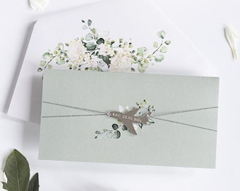 Wedding PASSPORT Folder Wallet in Sage Green, Passport Invite in Pocket & Mirror Plane Tag Passport Invitation Suite, Destination Wedding