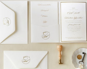 Luxury Classic Pocketfold Invitation with 4 inserts Wedding Invitation Suite with Gold Foil, Wedding Folder, Pocket Invitation