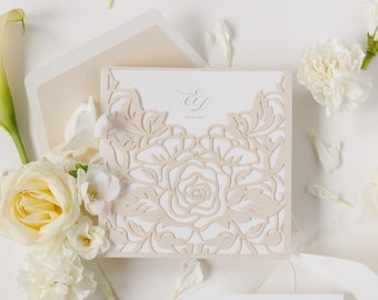 Laser Cut Floral Wedding Invitation, Day Invitation & Pull Out folder, Birthday Invite, Full Printing + Envelopes, Pocketfold Suite