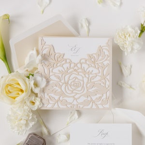 Laser Cut Floral Wedding Invitation, Day Invitation & Pull Out folder, Birthday Invite, Full Printing + Envelopes, Pocketfold Suite