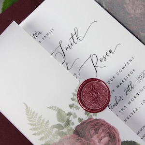 Wax Seal Burgundy Marsala Wedding Invitation Calligraphy Vellum Parchment Sleeve Floral Wedding Invite Folder with RSVP Custom Envelope image 3