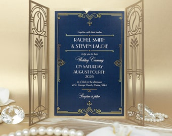 Art Deco Great Gatsby Personalized Gatefold Wedding Invitation Monogram, Hollywood Invite & Envelope, Golden Laser cut Gate, Retro , Die Cut