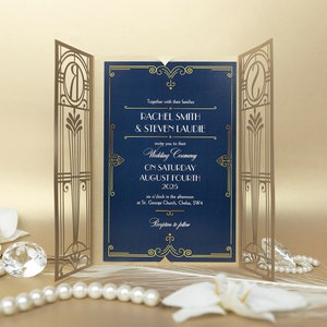Art Deco Great Gatsby Personalized Gatefold Wedding Invitation Monogram, Hollywood Invite & Envelope, Golden Laser cut Gate, Retro , Die Cut