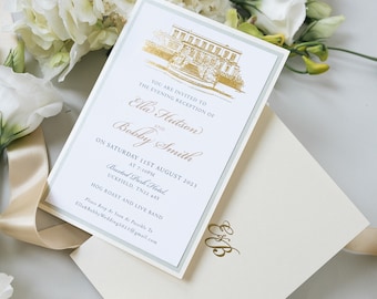 Custom Wedding Venue Illustration, Foiled Venue Invitation in Gold Foil 800gsm, Evening Invitations, Evening Reception , Wedding Invitations