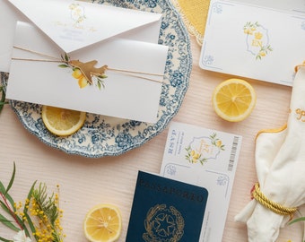 Italian Navy Leather Passport Invitation, Lemon Suite, Amalfi Coast Wedding Invite, Italian Wedding Ticket Folder, Digital QR Code Invite
