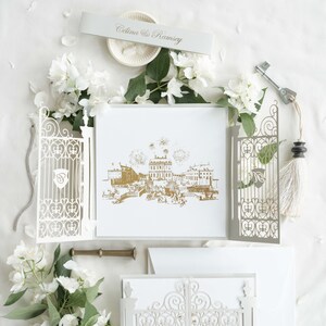 Invitación de boda cuadrada de puerta de corte láser ornamental de lujo con ilustración de lugar propio con BellyBand, inserto doblado personalizado con sobre