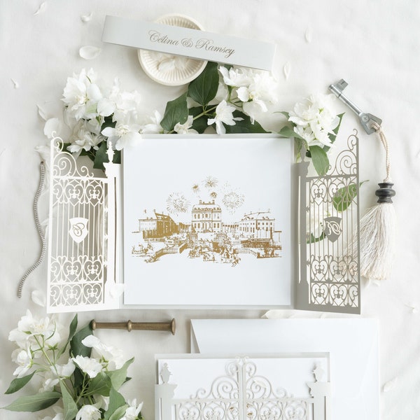 Own Venue Illustration Luxury Ornamental  Laser Cut Gate Square Wedding Invitation w BellyBand, Personalised folded up insert w/Envelope