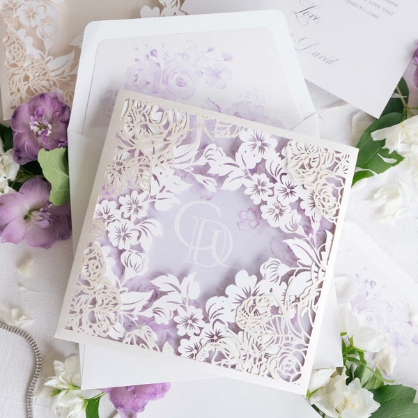 Romantic Intricate Laser Cut Pocket Thank You Cards With Your Monogram Printed, Lilac Greeting Cards, Wedding Thank You Note , Note Cards