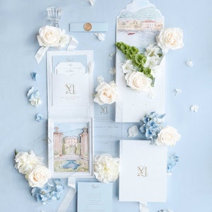 Villa Balbiano Box Wedding Invitation, Luxury White Velvet Boxed Invite, Lake Como Dusty Blue 3D Folder with Gold Foil Acrylic Invite SAMPLE