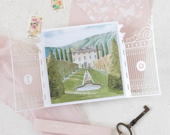 Villa Balbiano,Lake Como Luxury Save the Date Wedding Invitations , Laser cut Gate, Original Watercolor of Villa Balbiano Lake Como, Italy