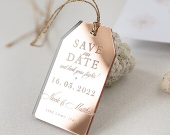 Wedding Save the Date with Rose Gold Plexi Mirror Magnet, Passport Style, Travel Theme Wedding, Wedding Abroad, Destination Luggage Tag