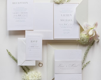 Luxusperlen-geprägte Taschen-Hochzeitskarte mit Pergament-Bauchband, klassischer weißer Hochzeitsordner, mit Antwortkarten, Antwortkarte, Umschlag