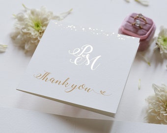 Luxe Royal Gold Foil Confetti Gestippelde Blush Roze Dank u kaart met envelop, Monogram Dank u nota, bruiloft dank u kaarten