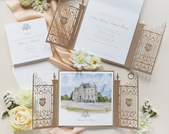 Gold Luxus Ihr eigener Veranstaltungsort Illustration Ziertor Laser geschnittene Torfalteinladung mit Goldfolie, Aquarell Hochzeitsort