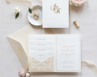 Luxury 4 Inserts Pocket Invitation with Embossed & Gold Foil Monogram and Laser cut Pocket fold Suite , Wedding Folder , Wedding Invitations