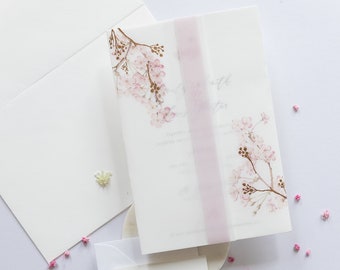 Vellum Cherry Blossom Wedding Invitation Folder Wrap Modern Calligraphy Parchment Sleeve Wedding Day Invitation Suite with Envelopes
