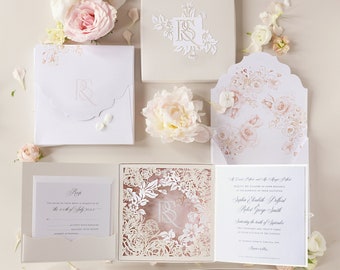 Luxury Floral Pocketstyle Wedding Invitation in White & Pink with 4 Ca –  Cartalia