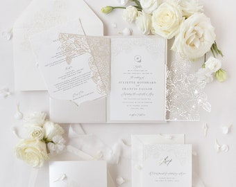 Luxe parel folie ingewikkelde laser gesneden rozen bruiloft uitnodiging suite met Rsvp detail & buikband stijl wrap, pocketfold uitnodiging