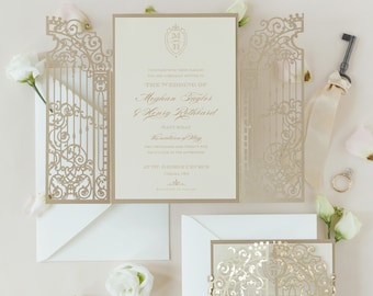 Luxury Foil Gold Laser Cut Wedding Invitation Ornamental Gatefold with Gold foil , Monogram Design, Grey Wedding, Gold, Gate with Envelopes
