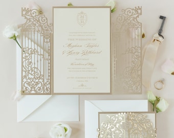 Luxus Folien-Gold Laser Cut Hochzeitseinladung Ornamental Klappkarte mit Goldfolie, Monogramm Design, Hochzeit, Gold, Tor mit Umschlägen