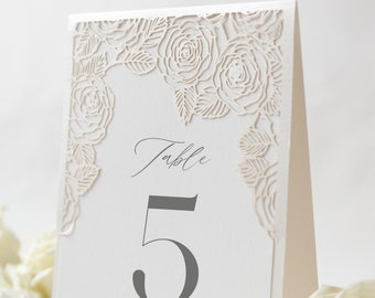 Intricate Roses Table Number Laser Cut - Free Standing Table Cards , Wedding Table Names , Table Decor