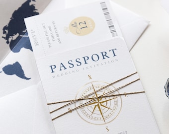 International Wedding Passport Invitation Compass Real Foil Boarding Pass Invite, Wedding Abroad,Destination Wedding, Travel Wedding, Ticket