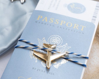 Santorini Greece Invite - Luxury Engraved Plane in Gold Plexi Passport Wedding Invitation with Real Gold Foil