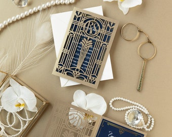 Golden Lasercut Gate, Art Deco, Great Gatsby Evening, Gatefold Reception Wedding Invitation with Custom Monogram & Envelope, Gold, Die Cut