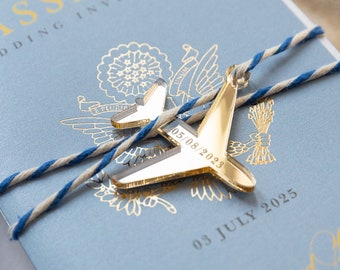 Santorini Blue Invite Luxury Passport Wedding Invitation Plane Engraved, Gold Foil Boarding Pass,Wedding Abroad, Destination Wedding, Travel