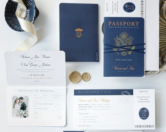 USA Passport Wedding Invitation Navy Blue Gold Foil Boarding Pass Invite,Wedding Abroad,Destination Wedding,Travel Wedding, Plane Ticket