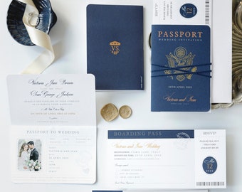 USA Passport Wedding Invitation Navy Blue Gold Foil Boarding Pass Invite, Wedding Abroad, Destination Wedding, Travel Wedding, Plane Ticket