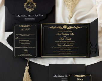 Invitación de boda de lujo con bolsillo de terciopelo negro y lámina dorada, tarjeta de información para invitados, RSVP, tarjeta de lujo, sobre personalizado.
