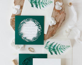 Forest Green Wedding Invitations with Laser Cut Fern Rustic Wedding Boho Style Wedding Cards Wedding Pocket Invitation & Envelope with Liner