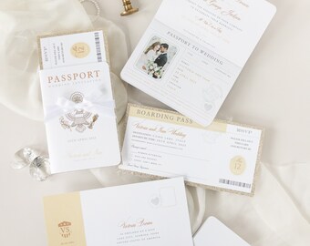 Luxury Passport Wedding Invitation Glitter Champagne and Gold Foil Boarding Pass Invite, Wedding Abroad, Destination Wedding, Travel, Ticket