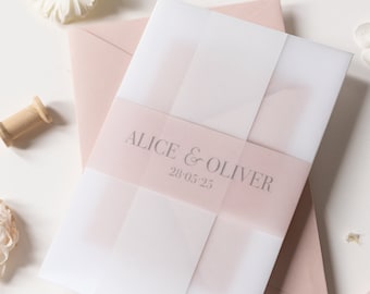 Perkament Wrap in Rose Gold Foil Plexi Hart Spiegel Trouwdag Uitnodiging Pocket / Map met Perkament Blush Buik Band + RSVP + Envelop