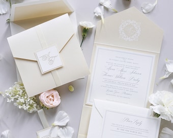 Laser Cut Monogram Luxury Wedding Invitation Pocket suite Classic with  RSVP, Luxury Italian Card, Personalized Invite with Ribbon Tag
