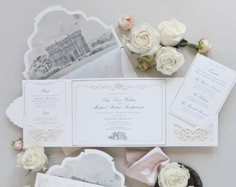 ÉCHANTILLON | HEDSOR HOUSE Faire-part de mariage de luxe avec pochette pliée au laser, feuille d'argent et enveloppe doublée personnalisée