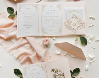 Luxury Blush & Cream Classic Pocket Wedding Set GoldFoil and Custom Wedding Venue Sketch Invitation,Wedding Folder | Villa Cimbrone, Ravello