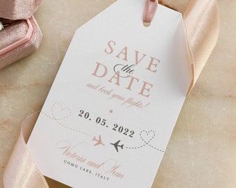 Passport Save The Date Card Tag for Wedding Abroad, Destination, Wedding,Passport Wedding Blush Silver, Abroad, Travel, Plane Ticket Invite