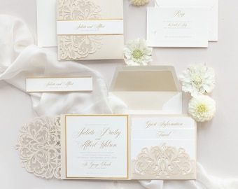 Laser Cut Pocket Fold Luxury Wedding Invitation in Champagne & Gold with 3 Inserts: RSVP with Envelope, Travel, Guest Info Wedding Card