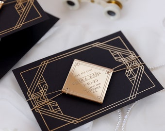 Luxe art-deco Great Gatsby-save the date met magneet plexi spiegel acryl diamant, zwart-gouden save-the-date kaarten, huwelijksuitnodiging