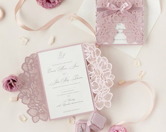 Intricate Orchid with Satin Ribbon Laser Cut Wedding Invitation, Day Invitations, Gatefold Invitations, Birthday Invitations, Fully Printed
