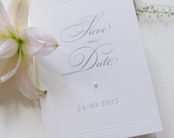 Luxury Triple Blind Embossed Elegant Timeless Save the Date Card with Pearl Gem & Envelopes, Wedding Invite, Wedding Save the Dates