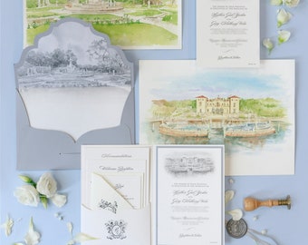 Luxury Venue Invitation Letterpress Folder Pocket Suite Tied Ribbon , Watercolour Wedding Invitations Wedding Pocket Invitations in Folder