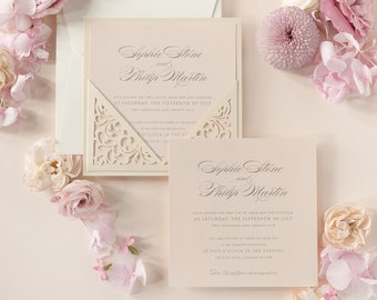 Laser cut Wedding Invitation Intricate Filigree Lace Gatefold Day Invitations Handmade Personalised Print with Envelopes , Pocket Invitation