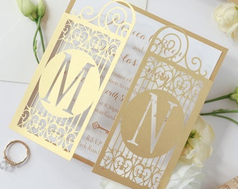 Gold Celtic Gate Laser Cut Wedding Invitation Great Gatsby Art Nouveau Style with Complimentary Fitted Envelopes and Personalisation Die Cut