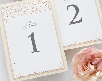 Classic Confetti Table Number & Table Name in Dusty Pink and Champagne, Wedding Table Cards with Real Foil