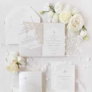 Luxurious Pearl Foil Intricate Laser Cut Roses Wedding Invitation Suite with Rsvp Detail &  Belly Band Style Wrap, Pocketfold Invitation