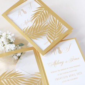 Gold Evening Invitation Palm Leaves Laser Cut Tropical Destination , Wedding Invitation , Summer Wedding Invitations  Evening Reception