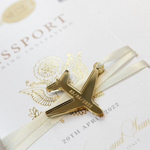 Gold Invite Plane Luxury Passport Wedding Invitation Plane Engraved, Gold Foil Boarding Pass,Wedding Abroad, Destination Wedding,Travel image 3